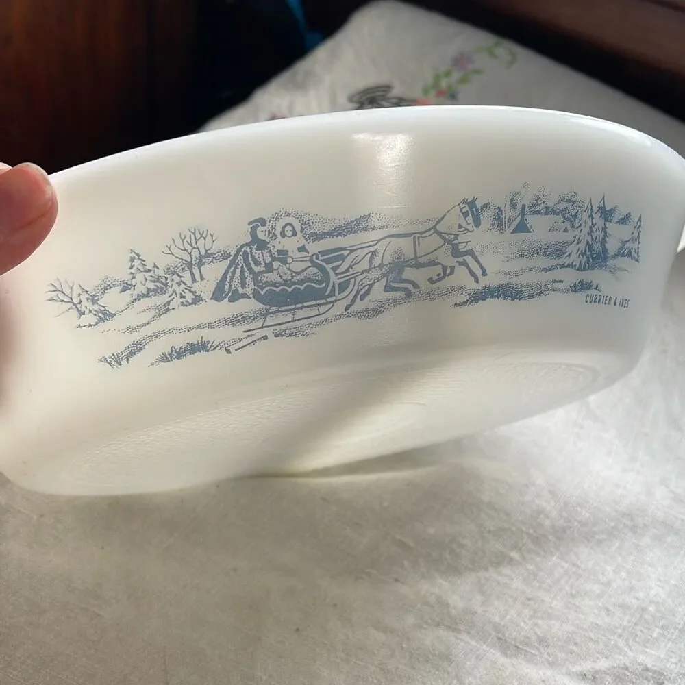 Vintage Glasbake divided dish Currier & Ives